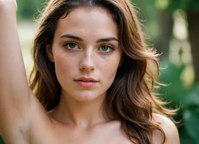 Woman, Aphrodite, Greek, Manifestation of a Goddess, (goddess 1.6), immortal, superhuman, 34 years old, sexy, dark hair, natural thick wavy hair, big heavy tits, 36DD, sloped tits, upturned nipple, retroussé breast, perfect body, no makeup, green eyes, detailed eyes, focused eyes, strong defined jaw, natural and arched eyebrows, full lips, many freckles, lots of skin tone detail, in colorful amateur photoshoot, (dark hair), (very close to the camera:1.2), (nude:1.4), taken with a canon ae1, film camera, photo taken with slide film, 100 speed film, f2.8 aperture, 50mm prime lens, cross processed, heavily cross processed, (cross processed 1.4), wild color tones, 35mm xp, lomography, lomo, (lomography 1.6), very close up photo, lush tousled hair, (slender body:1.3), (tall lean body:1.3), she's tall and skinny, (perfect lighting 1.5), model pretty, lots of freckles on chest, warm light, tall, slight smile, clean lines in background, no distractions, good teeth, gorgeous, (ideal beauty 1.4), suggestive, natural relaxed pose, beautiful sunlight, dramatic lighting, great aesthetic photo, lots of face detail, breasts visible, great, lighting, <lora:EnvyZoomSliderXL01:1>, <lora:great_lighting:1.1>, <lora:SDXLHighDetail_v6-000005:.8>