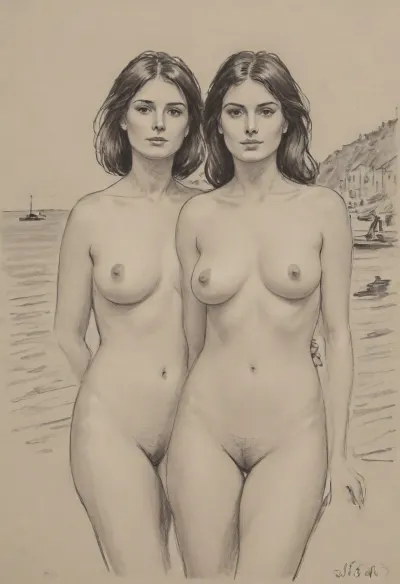 pencil sketch, portrait of two gorgeous 35yo brunettes, happy, 1970s style, frontal view, completely unclothed, standing, voluptuous, natural large-sized teardrop-shaped breasts, seaside town, pencil, sketch, (cleanly shaved pussy), <lora:sketch_it:.8>, <lora:Pencil_Sketch-06R:.8>, <lora:sketch:.8>