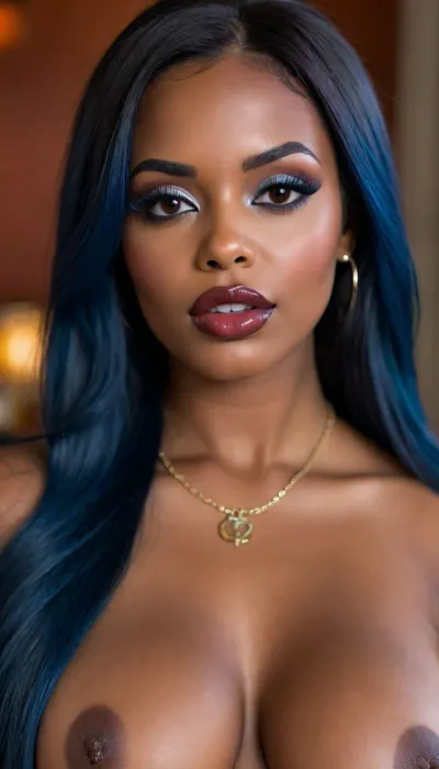 (1woman), 28 years old, ((curvy body)), latin woman, close up, curvy, (((dark skin))), ((round face)), (((brown skin))), (((full lips))), blue lipstick, necklace, ((((closed mouth)))), lipgloss, small cute nose, standing, face, (((round medium breasts))), nude, (((straight long dark blue hair))), (((oiled skin))), (detailed black eyes), (((slut makeup))), marijuana dress. red lights background, smoke in the background, round earrings, (high resolution image), (perfect miface), sexy, beauty, (ultra realistic:1.7), (maximum quality:1.5), (high resolution:1.7), (extreme detail:1.5), (ultra realism:1.6), 8k, he, photo was taken by Canon Eos, (maximum detailed skin:1.6), (((I was offended))), melanin, <lora:BUT_SDXL_SHS:.8>, <lora:melanin-XL:2>
