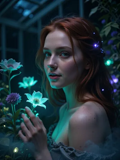Ultra detailed depiction, extreme close-up composition, sharp focus on her face. A professional cinematic still of a beautiful fantasy redhead woman with pale skin, standing inside a dimly lit greenhouse filled with bioluminescent flowers. Her skin is smooth and cool-toned, with a faint natural sheen. Her eyes are a striking deep green, reflecting the soft glow of the plants around her. Her expression is calm and curious, a gentle smile on her lips as she looks toward one of the glowing flowers near her hand. Her dark hair falls loosely around her shoulders, catching small points of glowing light. Around her, the greenhouse is filled with fantastical flora, glowing flowers in shades of teal, violet, and soft green, casting gentle ambient light through the dim space. Wisps of soft mist drift low along the ground. The overall lighting is dark and moody, lit primarily by the glowing plants themselves, creating dramatic contrast between deep shadow and vivid glowing color. The color palette is dominated by deep blues, teals, and glowing violet accents. Shallow depth of field, soft bokeh background, over-detailed cinematic photography, masterpiece, epic detail, sharp facial details, photorealistic render.