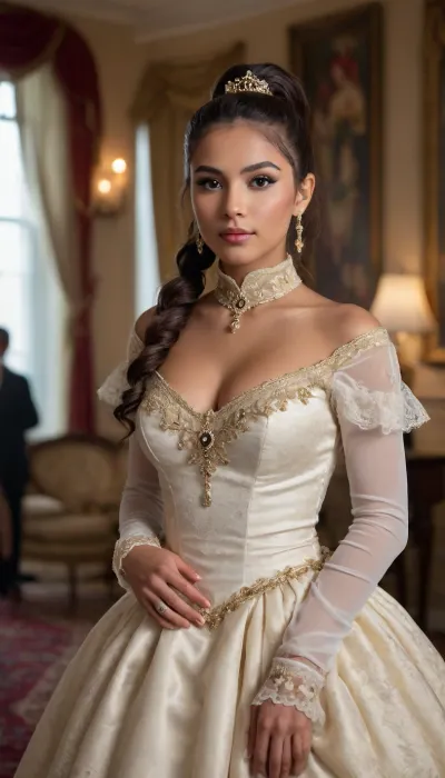shallow depth of field, 85mm lens, ((18-year-old)), beautiful, athletic, (young), (petite), (Latina girl:1.6), ((black eye shadow)), ((high ponytail with Blunt Bangs brunette hair)), ((tight large breasts)), (untrimmed bushy pubic hair), (((Victorian opulent court dress))), ((inside an opulent apartment living room)), direct eye contact, warm glow, cinematic atmosphere