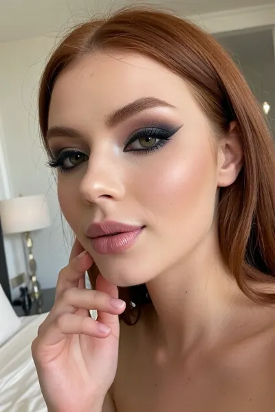 glamorous portrait of a make-up model in her luxurious bedroom with minimalist decor, she poses coyly with a soft serene expression, she has luscious lips with soft pillowy creases, soft red hair, glamorous sultry makeup with dark kohl eyeshadow and thick winged eyeliner, huge down-turned hazel-green eyes, delicate hyper-feminine facial structure of an elite world-class supermodel