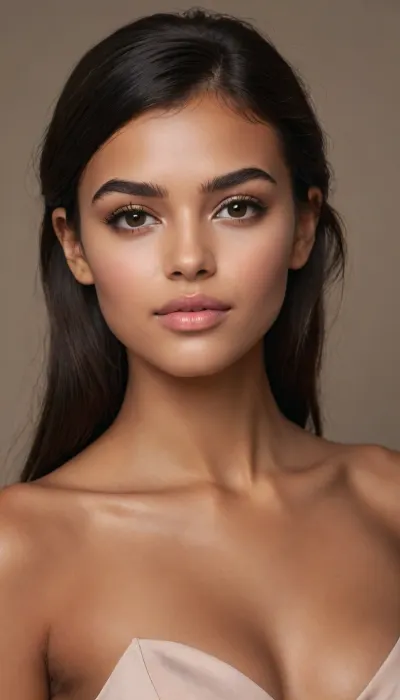 Beautiful young woman, early 20s, Mediterranean / North African features, warm golden-brown skin with smooth even complexion and soft natural dewy glow. Oval face shape, soft high cheekbones, gently tapered jawline ending in a slightly narrow rounded chin, elegant long neck. Full plush lips with a clearly defined cupid’s bow, naturally pinkish-nude tone, soft and hydrated look.

EYES, (most important – ultra detailed), Large, striking almond-shaped eyes with a slight upward tilt at the outer corners. Deep dark brown irises with a subtle warm amber-golden ring around the pupil and a bright natural catchlight in the upper inner quadrant. Soft natural upper eyelid crease, mild hooded fold that adds gentle depth without heaviness. Upper lash line thin and precise, lower lid smooth and clean with only a faint warm shadow. Upper eyelashes long, thick, dense and jet-black, naturally curled upward, lower lashes shorter but still full and dark. Eyebrows strong, high and sharply arched, dark brown-black, full yet neatly groomed with natural hair texture, peak sitting slightly past the outer third of the eye. Soft winged eyeliner that starts thin at the inner corner and flares into a sharp, elegant wing past the outer corner. Subtle champagne-shimmer eyeshadow on the mobile lid, soft bronze shadow blended into the outer V and crease, thin dark brown liner along the upper waterline.

Hair, long, silky dark brown almost-black hair with natural volume, often worn half-up with soft face-framing strands or fully loose in big soft waves, sometimes sleekly pulled back into a low or mid ponytail/updo revealing the face.

Body, slim, athletic yet soft feminine figure, narrow shoulders, defined collarbones, modest natural bust, slim waist, graceful model-like proportions and posture.

Makeup overall, glowing skin, warm bronze contour along the cheekbones and jawline, soft peachy-pink blush on the apples of the cheeks, subtle highlight on the brow bone, cupid’s bow and high points of the cheekbones. Nude-pink glossy lips.