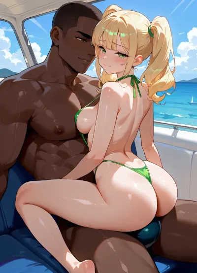 full body view, young sexy woman, (petite:1), 18 yo, big round boobs, long legs, long platiunum blonde hair, high twin tails, green eyes, ((bright green monokini g-string slingshot:1)), sitting on man with dark skin laps, huge man with dark skin, interracial, on yacht, escort worker, horny face