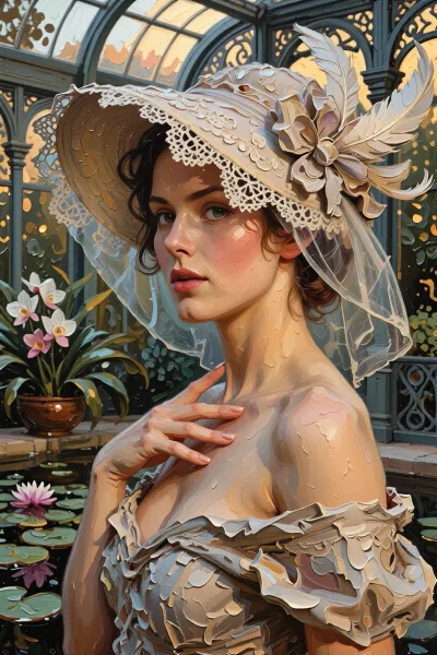 A portrait of a young, beautiful woman in the Edwardian style of the 1900s–1910s, she stands in a luxurious conservatory by a pond with water lilies, in a three-quarter profile, her head slightly turned to the left, the pensive gaze of her expressive eyes is directed to the side, rosy cheeks, slightly parted lips, her right hand is raised, with her index finger touching her lower lip, her hair is gathered and styled beneath a hat. A cream-colored wide-brimmed hat with a ribbon, abundant white lace, a bow, and dark blue feathers, a semi-transparent white veil falls to her shoulders. A textured summer dress with bare shoulders. Background, a Victorian glass-and-iron greenhouse with a frame and arched windows, the warm, golden light of sunset filters through the glass, a pond with green water lily leaves and blooming pink and white water lilies, tropical plants. Style, oil painting, Impressionism, visible textured brushstrokes, impasto, soft, painterly light, high level of detail, the atmosphere of John Singer Sargent and Monet’s water gardens.