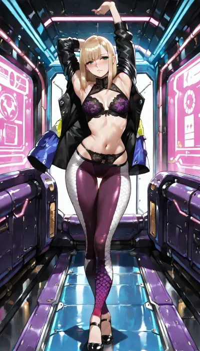 25-year-old woman, game character, short ash-blonde hair, beautiful slender face, fair skin, neat upturned nose, green eyes, a few freckles, beautiful slender, ((highly detailed)), body, every curve visible, neat, ((firm)), breasts, ((medium-sized)), small nipples, narrow waist, beautiful midriff, wide hips, long, ((straight)), legs, rounded thighs, ((thigh gap)), beautiful, textured leggings, colorful leggings, ((bright purple at the bottom, smoothly transitioning to black at the top, detailed, intricate fabric patterns)), top, ((high-neck top, semi-sheer fabric, lace inserts)), fashionable, ultra-short futuristic jacket, ((draped over shoulders)), background, ((cyberpunk-style room)), full-body view, arms raised, ((stretching)), beautiful high-waisted panties visible under leggings, beautiful lace bra under top, full view of legs, body in a sexy arched pose, sexy pose, full body