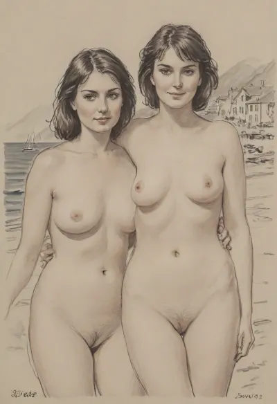 pencil sketch, portrait of two gorgeous 35yo brunettes, happy, 1980s style, frontal view, completely unclothed, standing, voluptuous, natural small-sized teardrop-shaped sagging breasts, seaside town, pencil, sketch, (cleanly shaved pussy), <lora:sketch_it:.8>, <lora:Pencil_Sketch-06R:.8>, <lora:sketch:.8>