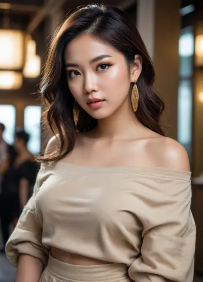 cute Asian, dark hair, seductive eyes, soft and tender, rich fashion, gold jewelry, elegant style, oversized top, off-shoulder, curvy, cargo baggy pants, dynamic angle, close-up