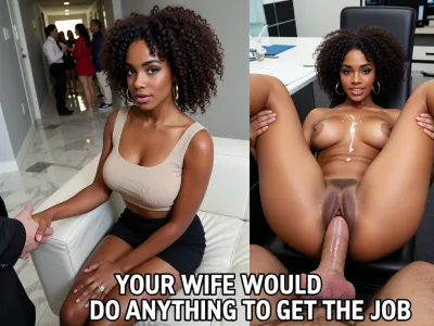 8k UHD, Picture divided in two parts.
On the left part of the picture, high angle professional photoshot. A 25 years old ultra black skin afro girlfriend with innocent face is sitting holding tighten her thighs on a white leather couch. The scene takes place in an indoor corridor with marble on thé floor and empty grey walls. brunette afro hair, ultra black skin girlfriend, afro nose, Big clear green eyes, large gold hoop earrings, curvy body, natural medium tits. She's wearing a beige top and a short black skirt. Pussy barely visible. Wedding ring with a diamond on her ring finger. The secretary and the viewer are handshaking each other. Daytime, sunlight is sparkling the scene. In background, blurred crowd of beautiful women with office clothes who are waiting in the corridor.
On the right part of the picture, POV, same ultra black skin afro girlfriend, same face, same body, same hair, same clothes, topless. Inside an office. Nobody's around. She's lying on her back on a desk, holding her thighs, getting fucked in the ass in missionary position by a thick 18 inches veiny penis, wet penis, another man standing with his penis close to her face. She's streaming, some shot of white cum on her face and boobs., (((same girlfriend in both pictures))), .
Big text on the lower part of the picture "YOUR WIFE WOULD DO ANYTHING TO GET THE JOB".