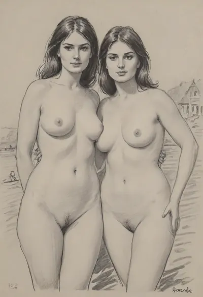 pencil sketch, portrait of two gorgeous 35yo brunettes, happy, 1970s style, frontal view, completely unclothed, standing, voluptuous, natural large-sized teardrop-shaped breasts, seaside town, pencil, sketch, (cleanly shaved pussy), <lora:sketch_it:.8>, <lora:Pencil_Sketch-06R:.8>, <lora:sketch:.8>