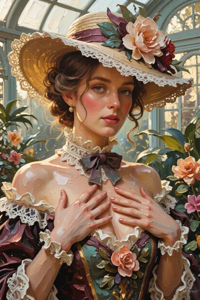 This painting, executed in oil using the impasto technique on textured linen canvas, is characterised by its distinctive thick layers of paint and rough brushstrokes applied with a palette knife, in the style of modern palette-knife portraiture. This close-up portrait depicts an elegant Victorian lady wearing a richly adorned wide-brimmed hat, embellished with lace and large flowers. She stands in a sun-drenched Victorian conservatory, her hands folded across her chest. The background depicts the soft, warm, picturesque atmosphere of a glass conservatory, rendered using impasto and thick brushstrokes — large, free, unmixed, matt oil strokes that hint at arched windows, lush tropical plants and numerous flowers, applied in thick impasto strokes using a palette knife. The uniform, noticeably thick texture of the oil paint smoothly covers the entire canvas, whilst the blurred background of the conservatory forms a picturesque surface created with thick strokes of the palette knife. Characteristic features of the painting include the dramatic lighting of the ‘golden hour’.