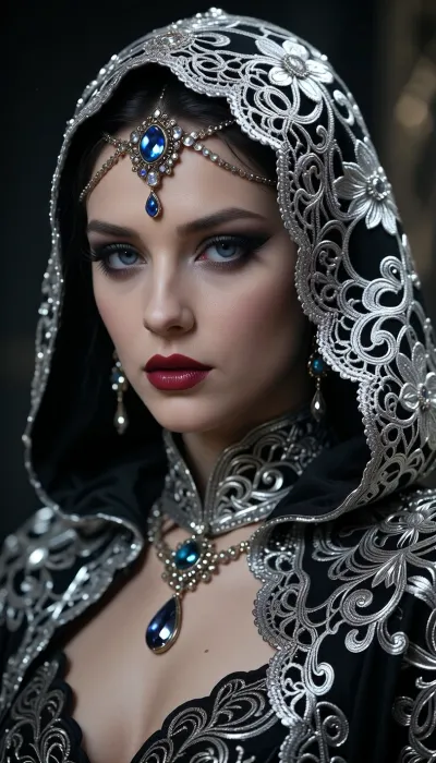 Cinematic portrait of a woman wearing an ornate silver filigree hooded cloak, intricate lace patterns with floral motifs, elaborate jeweled headpiece with sapphire centerpiece and crystals on forehead, dramatic smoky eye makeup, long dark lashes, piercing blue-grey eyes, glossy burgundy red lips, porcelain skin, elegant jewelry with teardrop gemstones, luxurious embroidered black and silver fabric with baroque patterns, soft dramatic lighting, shallow depth of field, professional photography, ultra detailed, photorealistic, 8k resolution, fantasy fashion editorial style, regal and mysterious atmosphere