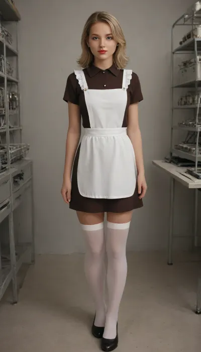20 years old, slim figure, pretty face, blonde, long square, red lips, blue eyes, Soviet school uniform 1980s style, ((dark brown dress, white big direct apron, apron with cables)), pioneer tie, white stockings, black shoes, spread open pyssy, school class, super realism, high quality picture, high definition detail, <lora:suxl:1.6>, <lora:pionyrka:1.1>
