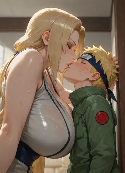 masterpiece, high detailed, (Glossy liner anime style), clear and light frame, (1 woman, Tsunade, long hair, green outfits, hourglass figure body, 36 years old, eyeshadow, milf, giant woman), BREAK, (1 boy, Naruto_Uzumaki, yellow hair, yellow coat, headband with Konoha emblem, short and small boy), (mother and son, taboo relationship), woman holding back of boy's head, (height difference, giant woman and small boy), side view, below view, deep field shot, hetero, woman bend forward to kissing the boy, waist, hips, bend over, kissing mouth, wet kiss