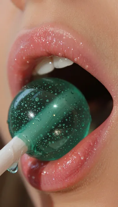 An extreme candid macro photograph focusing on the slightly parted lips of a person holding a green lollipop, captured with natural lighting and an incredibly shallow depth of field.
The lips are slightly open and natural, coated in a glossy, sheer rosy-pink/coral lip gloss filled with abundant, tiny, shimmering iridescent and silver glitter that catches the light. Natural lip creases, texture, and moisture are highly visible, as is the skin surrounding the mouth, featuring visible pores, fine lines, and natural, soft facial peach fuzz, (lanugo hair), along the upper lip, mouth corners, and chin, reflecting natural, unretouched beauty photography. Only the faint, out-of-focus edge of the upper teeth is visible inside the dark, slightly open mouth.
Gently held and bitten between the lips is a round, translucent forest-green lollipop, which is the sharpest focus of the shot. The candy has a wet, sugary, and uneven texture, densely packed with microscopic air bubbles, speckles, and glittering particles beneath its glistening, saliva-coated surface. A bright, natural specular highlight reflects on the upper-left curve of the candy. It is attached to a thin, matte white stick extending downward and slightly to the left, with small, messy translucent green candy drips visible where the stick meets the candy.
The camera is positioned closely, capturing the image at a slight angle. The lighting is soft and natural, coming from the top-left, illuminating the wet, sparkling textures of both the candy and the glossy lips while casting subtle shadows in the corners of the mouth. The background and the outer edges of the face fade into a soft, out-of-focus blur, enhancing the raw, intimate quality of the macro shot. Focus is exceptionally sharp on the forward-facing curves of the lips and the center of the lollipop, highlighting grain-level and pore-level details.