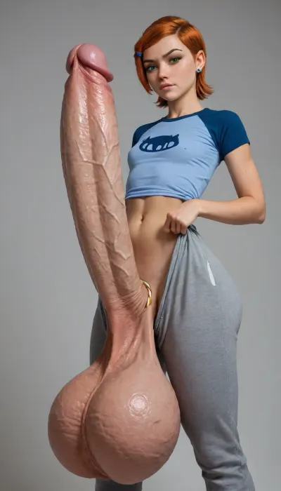 Gwen Tennyson, shemale, solo, massive huge flaccid hyper cock, (massive huge swollen balls:1.3), gigantic bulge, grey sweatpants, super close up on penis, standing up, dick pic, cock rings, piercings, gwen, tennyson, (/Ben10), /, (ultra, HD, quality, details), bright, orange, hair, short, (green, eyes), <lora:Gwen Tennyson (Ben10) - XL SCXL V1.0:.8>