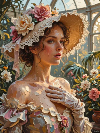 This oil painting, on linen canvas, is characterised by its distinctive thick layers of paint and rough brushstrokes applied with a palette knife, in the style of modern palette-knife portraiture. This close-up portrait, depicting an elegant Victorian lady in a richly adorned wide-brimmed hat with lace and large flowers, is rendered with dense brushstrokes. She stands in a sun-drenched Victorian conservatory, her face is delicately rendered in oil, and her hand, clad in an exquisite glove, rests upon her chest. The background depicts the soft, warm and picturesque atmosphere of the glass conservatory with thick impasto brushstrokes, evoking arched windows, lush tropical vegetation and numerous flowers. The uniform, unrefined and noticeably thick texture of the oil paint smoothly covers the entire canvas, uniting the blurred background of the conservatory into a single pictorial surface. A distinctive feature is the dramatic ‘golden hour’ lighting.