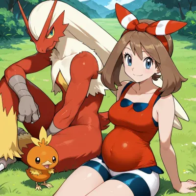 (((Masterpiece))), Blaziken, torchic, smiling, small pregnant stomach, sitting on grass, best quality, (((anime style))), 1girl, may_\, (pokemon\), collarbone, highres, eyelashes, red_shirt, bow_hairband, sleeveless_shirt, absurdres, bike_shorts, <lora:may_(pokemon):.6>