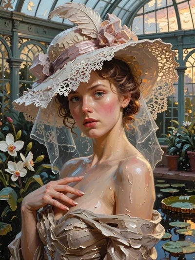A portrait of a young, beautiful woman in the Edwardian style of the 1900s–1910s, she stands in a luxurious conservatory by a pond with water lilies, in a three-quarter profile, her head slightly turned to the left, the pensive gaze of her expressive eyes is directed to the side, rosy cheeks, slightly parted lips, her right hand is raised, with her index finger touching her lower lip, her hair is gathered and styled beneath a hat. A cream-colored wide-brimmed hat with a ribbon, abundant white lace, a bow, and dark blue feathers, a semi-transparent white veil falls to her shoulders. A textured summer dress with bare shoulders. Background, a Victorian glass-and-iron greenhouse with a frame and arched windows, the warm, golden light of sunset filters through the glass, a pond with green water lily leaves and blooming pink and white water lilies, tropical plants. Style, oil painting, Impressionism, visible textured brushstrokes, impasto, soft, painterly light, high level of detail, the atmosphere of John Singer Sargent and Monet’s water gardens.