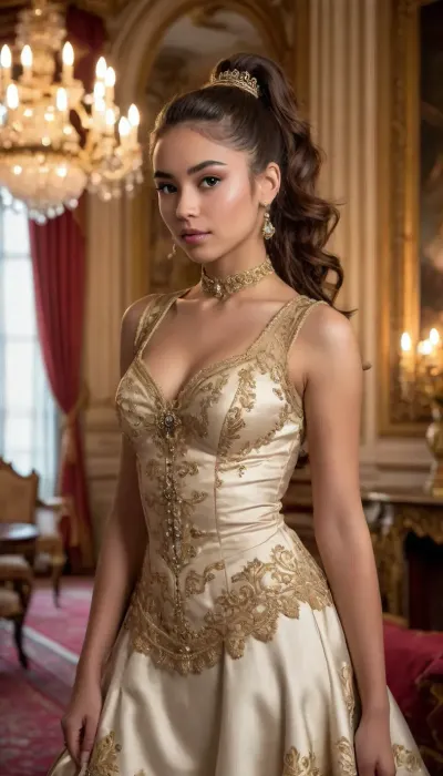 shallow depth of field, 85mm lens, ((18-year-old)), beautiful, athletic, (young), (petite), (Latina girl:1.6), ((black eye shadow)), ((high ponytail with Blunt Bangs brunette hair)), ((tight large breasts)), (untrimmed bushy pubic hair), (Victorian opulent baroque dresses:1.6), ((inside an opulent apartment living room)), direct eye contact, warm glow, cinematic atmosphere