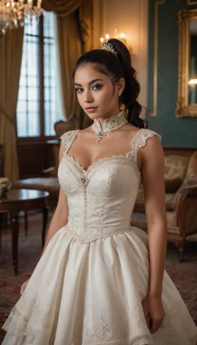 shallow depth of field, 85mm lens, ((18-year-old)), beautiful, athletic, (young), (petite), (Latina girl:1.6), ((black eye shadow)), ((high ponytail with Blunt Bangs brunette hair)), ((tight large breasts)), (untrimmed bushy pubic hair), (((Victorian opulent court dress))), ((inside an opulent apartment living room)), direct eye contact, warm glow, cinematic atmosphere