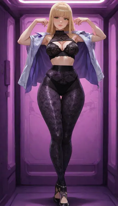 25-year-old woman, game character, short ash-blonde hair, beautiful slender face, fair skin, neat upturned nose, green eyes, a few freckles, beautiful slender, ((highly detailed)), body, every curve visible, neat, ((firm)), breasts, ((medium-sized)), small nipples, narrow waist, beautiful midriff, wide hips, long, ((straight)), legs, rounded thighs, ((thigh gap)), beautiful, textured leggings, colorful leggings, ((bright purple at the bottom, smoothly transitioning to black at the top, detailed, intricate fabric patterns)), top, ((high-neck top, semi-sheer fabric, lace inserts)), fashionable, ultra-short futuristic jacket, ((draped over shoulders)), background, ((cyberpunk-style room)), full-body view, arms raised, ((stretching)), beautiful high-waisted panties visible under leggings, beautiful lace bra under top, full view of legs, body in a sexy arched pose, sexy pose, full body