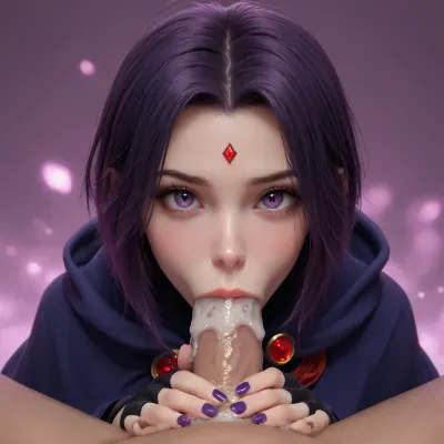 1girl, Raven, Titans, 32, big eyes, glowing eyes, glowing diamond gem on forehead, purple hair, pale skin, purple cloak, sucking green viewer pov, (deepthroat deep), (face against crotch), cum flowing on equine penis, (facialized, excessive cum on face), hands on crotch, fingerless gloves, purple nail polish, entirely glowing purple background, closeup, raven, <lora:Raven_XL:.8>, <lora:add-detail-xl:.8>