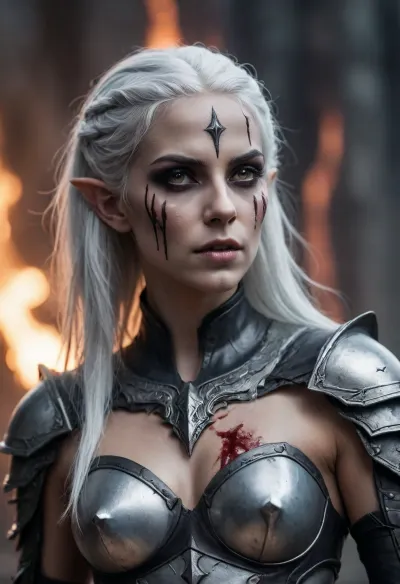 female dark elf warrior, white hair, grey skin, revealing battle outfit, wounded, bleeding, in pain