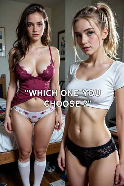 Ultra realism, 8k UHD, ultra detailed, cold natural lighting, sunlight illuminating a messy university student bedroom, perfect shadows. Picture divided in two parts. On the left side of the picture, Cute, shy, timid, goofy, wife, standing up, (French, very pale skin, 18yo, makeup, freckles on her face, spots, skin imperfections, messy clear brunette hair, long fluffy hair, square jaw, very clear blue eyes, pointed nose, natural sagging big breast, average waist, very wide hips, chubby thighs, chubby belly), she's wearing dark pink lace nightie and a white printed panties, white textured high socks, full body shot. On the right side of the picture, (german, pale skin, 18yo, no makeup, freckles on her face, subtile skin imperfections, messy clear blonde hair, mid long hair in a ponytail, high cheekbones, big clear brown eyes, long nose, natural small breast, slim waist, slim hips, slim thighs, flat belly), she's wearing white coton slim sized nightie and a black lace panties, full body shot. "WHICH ONE YOU CHOOSE ?" Medium text on the center of the picture.