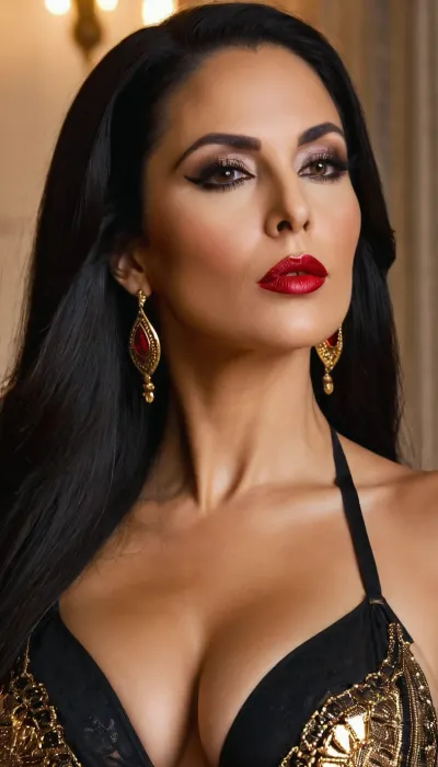 42 years old woman, dark straight long hair, poneytoe, dark eyes, thick dark rimel with a perfect makeup, Cleopatra-style rimel flick at the outer corner of the eye, eyes shadows matching with the eyeliner, perfect Full lips, red bright red gloss Lips, sexy eyes, the face lines matches with the milf age, she is voluptouus and beatiful, mouth a little open like models do in the photos. Cinematic and realistic Photo, 8k. In the image, you can see the woman face and large, big breasts, large areolas, she is using a sexy transparent black Bra and you can see the aureolas, expensive withe gold necklace with a huge Ruby pendant that matches with the Ruby earrings. The light in the photo is bright, shiny and reveals the shape of her breasts.