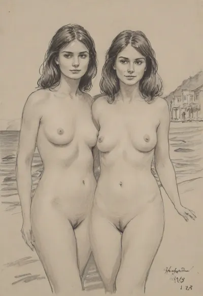 pencil sketch, portrait of two gorgeous 35yo brunettes, happy, 1970s style, frontal view, completely unclothed, standing, voluptuous, natural small-sized teardrop-shaped sagging breasts, seaside town, pencil, sketch, (cleanly shaved pussy), <lora:sketch_it:.8>, <lora:Pencil_Sketch-06R:.8>, <lora:sketch:.8>