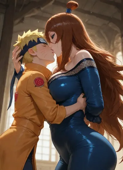 masterpiece, high detailed, (Glossy liner anime style), clear and light frame, (1 woman, Terumi Mei, long hair, her blue outfits, hourglass figure body, 36 years old, eyeshadow, milf, giant woman), BREAK, (1 boy, Naruto_Uzumaki, yellow hair, his yellow coat, headband with Konoha emblem, short and small boy), (mother and son, taboo relationship), woman holding back of boy's head, (height difference, giant woman and small boy), side view, below view, deep field shot, backlight, hetero, woman bend forward to kissing the boy, waist, bend over, mouth to mouth, wet kiss