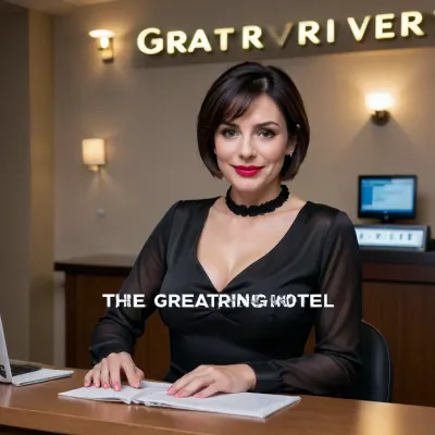 (((text "THE GREAT RIVER HOTEL"))), (((office lady behind a hotel reception counter working on a laptop))), ((black silk blouse with the words "THE GREAT RIVER HOTEL" in large black letters writing on front)), laughing face, natural lighting, (looking down), bad lighting, amateur, 1skinny adult woman, adult milf of 60 years, white realistic skins, natural beauty, 60 years old, European body, European face, beautiful eyes, lips, cute tall nose, symmetrical face, symmetrical eyes, ((blushing)), looking at camera, POV, short black bob, perfect face, full makeup, red lipstick, low lighting, dark, natural pose, beautiful hands, detailed fingers, HD, "THE GREAT RIVER HOTEL", shirtlift, breasts, cutout, clothing, nipples, nsgzz, english, text, focus, neon, sign, glow, <lora:texta:.8>, <lora:2BoutOvalSDXL2-000002:.5>
