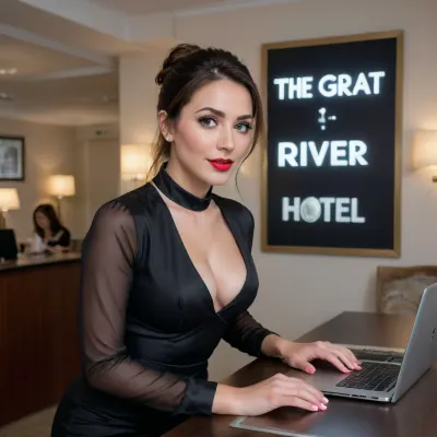(((text "THE GREAT RIVER HOTEL"))), (((office lady behind a hotel reception counter working on a laptop))), ((black silk blouse with the words "THE GREAT RIVER HOTEL" in large black letters writing on front)), laughing face, natural lighting, (looking down), bad lighting, amateur, 1skinny adult woman, adult milf of 30 years, white realistic skins, natural beauty, 30 years old, European body, European face, beautiful eyes, lips, cute tall nose, symmetrical face, symmetrical eyes, ((blushing)), looking at camera, POV, long black hear, perfect face, full makeup, red lipstick, low lighting, dark, natural pose, beautiful hands, detailed fingers, HD, "THE GREAT RIVER HOTEL", shirtlift, breasts, cutout, clothing, nipples, nsgzz, english, text, focus, neon, sign, glow, <lora:texta:.8>, <lora:2BoutOvalSDXL2-000002:.5>