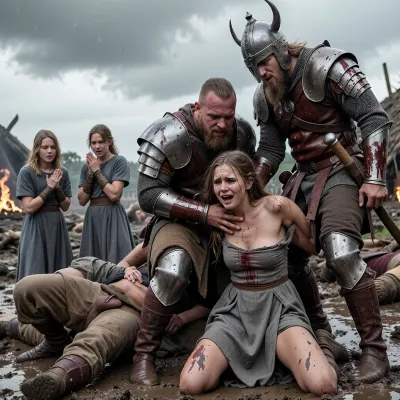 année 950 en Angleterre, raid viking dans un village du Wessex fin des combats les vikings se livrent au pillage après avoir massacré les villageois et brulé leurs huttes de l'époque, au premier plan une jeune fermière anglaise est en larmes en train de hurler et de se débattre elle est à genoux de face les bras dans le dos et maintenus fermement par les poignets emprisonnés dans les mains d'un viking en armure derrière elle qui rit, un autre viking en armure debout couvert de sang est à coté de la femme, il approche son penis de la femme et il insère profondément et violemment son pénis sorti de son armure dans la bouche de la femme et il l'agrippe par la tête pour la soumettre sa robe est déchirée découvrant ses seins, en arrière plan 3 autres femmes fermières en robes grises grossières déchirées sont à genoux dans la boue attachées par les mains en pleurant avec des attitudes variées de prostration de frayeur ou de supplique, les femmes sont maculées de boue et ont des ecchymoses après avoir lutté, un 3-ème soldat viking les menacent avec son arme, derrière la femme en arrière plan un homme en chemise et pantalon en coton grossier est étendu au sol gisant dans la boue il est couvert de sang une plaie béante à la poitrine il a été exécuté la gorge tranchée par un viking devant les femmes, tout au fond de l'image on distingue encore quelques combats entre soldats anglais et vikings, des cadavres de villageois pleins de sang jonchent le sol, le sol est un mélange de terre et de boue, certaines huttes brulent, le ciel est très menaçant avec de gros nuages sombres et déjà quelques gouttes de pluie commencent à tomber ajoutant une ambiance pesante à la scène violente, la lumière blafarde ajoute un côté froid à la scène, armures réalistes et conformes à l'époque