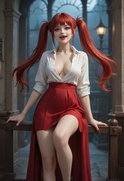 18-years old, sexy vampire, red hair, European, high ponytails, open white shirt, large breast, ((very long vampire fangs)), long legs, skirt, night.