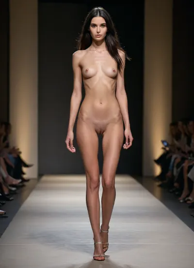 tall slim fashion model, nude accessories show on catwalk, black long hair, (small tits, extremely saggy tits), very dark nipples, slim waist, narrow hips, long slender legs, full-height view