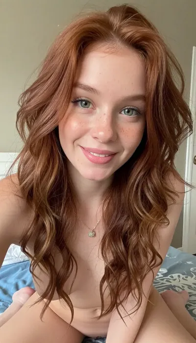 iphone photo. one woman in photo.

adorable 20-year-old ginger with long, wavy, messy hair, freckles, huge green eyes, smiling, full body

Bedroom, daytime, amateur photo, nude