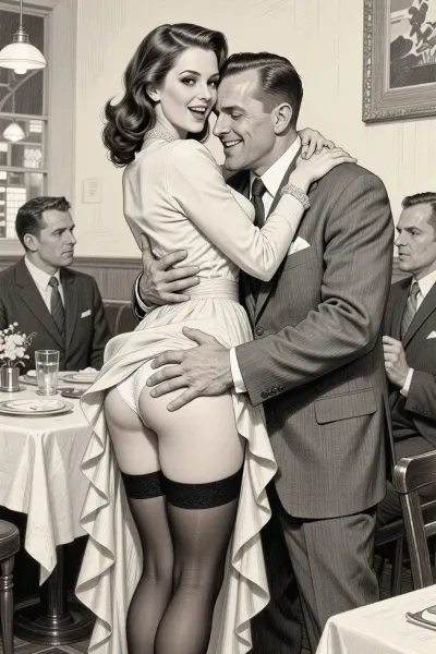 This is is a detailed monochromatic pencil drawing in a classical illustrative style depicts a scene set in 1960s, very tall beautiful woman with brown elegant hair married mother in pin-up style, she is wearing in long flounce dress, a seductive face, beautiful eyes, stands in restaurant, very excited, slutty smile, lustful, She hugs very handsome 40 yo man in a suit, men rough Hugging her and roughly strong groping her butt, men lift up the hem of her dress, showing her black stockings with garters, her white panties are visible, roughly strong grabbing her ass, lustful mocking smile men's face, man squeezes her buttock hard with his hand, groping and grabbing, men give her vulgar hints about sex, rear view, The overall mood is intense, rendered in fine, expressive line work and subtle shading, evoking the style of 1950s satirical or moralistic illustrations., (((1 man, 1 woman.)))