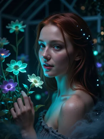 Ultra detailed depiction, extreme close-up composition, sharp focus on her face. A professional cinematic still of a beautiful fantasy redhead woman with pale skin, standing inside a dimly lit greenhouse filled with bioluminescent flowers. Her skin is smooth and cool-toned, with a faint natural sheen. Her eyes are a striking deep green, reflecting the soft glow of the plants around her. Her expression is calm and curious, a gentle smile on her lips as she looks toward one of the glowing flowers near her hand. Her dark hair falls loosely around her shoulders, catching small points of glowing light. Around her, the greenhouse is filled with fantastical flora, glowing flowers in shades of teal, violet, and soft green, casting gentle ambient light through the dim space. Wisps of soft mist drift low along the ground. The overall lighting is dark and moody, lit primarily by the glowing plants themselves, creating dramatic contrast between deep shadow and vivid glowing color. The color palette is dominated by deep blues, teals, and glowing violet accents. Shallow depth of field, soft bokeh background, over-detailed cinematic photography, masterpiece, epic detail, sharp facial details, photorealistic render.