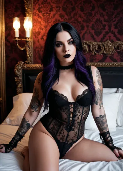 A chunky goth girl, 23 year, straight black/purple hair, medium chest, Dark makeup around her eyes, natural skin texture, visible pores, or subtle imperfections. black lipstick, tattoos.

Sitting on the edge of the bed, black panties with lace


Deep crimson damask drapery hangs heavily from a towering, hand-carved ebony four-poster bed, wrapping the space in complete privacy. The walls are dressed in an ornate, dark charcoal flock wallpaper that swallows the natural light, contrasted only by the dim, warm amber glow of a wrought-iron candelabra chandelier. Polished hardwood floors disappear under a heavily faded, rich ruby-red Persian rug. A gilded, distressed antique mirror hangs above a dark oak dressing table, reflecting a collection of old leather-bound books and heavy metal perfume decanters, semi-shiny skin, glossy skin, perfect face, pale skin super attractive, horny, flash photography, professional photoshoot quality, dark bedroom, dim lighting, in bed, night, no light, home photo, warm backlight, wide view, upward angle view, looking into eyes, flawless, high definition, 4k wallpaper, UHD, (high quality), (ultra detailed), 4K, (highest quality), (fine detail), (best shot), Insanely detailed photo, Kodak Portra 400 color film. Nostalgic, film-grain aesthetic., with an overall underexposure of 1-2 stops to accentuate the darkness and isolation of the environment, perfect skin details, noise-free, cinematic grade quality, HDR, ISO optimized, depth of field, high res image, masterpiece