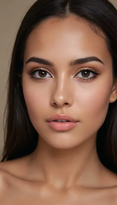 Beautiful young woman in her early 20s, Mediterranean/North African features, oval face with soft high cheekbones, slightly narrow chin, full plush lips with natural pinkish-nude tone, perfectly defined cupid’s bow. Large almond-shaped dark brown eyes with long thick black lashes, strong arched eyebrows, subtle hooded eyelid, warm golden-brown skin with smooth even complexion and soft natural glow. Straight elegant nose with soft tip. Long dark brown almost black hair, silky texture, often worn half-up with soft face-framing strands or fully loose in big soft waves. Slim athletic yet feminine body, narrow shoulders, defined collarbones, elegant long neck, modest bust, slim waist, overall graceful and model-like proportions. Soft glamorous makeup, glowing skin, warm bronze contour, peachy blush, nude-pink glossy lips, winged eyeliner.