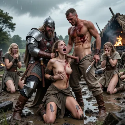 année 950 en Angleterre, raid viking dans un village du Wessex fin des combats les vikings se livrent au pillage après avoir massacré les villageois et brulé leurs huttes de l'époque, au premier plan une jeune fermière anglaise est en larmes en train de hurler et de se débattre elle est à genoux de face les bras dans le dos et maintenus fermement par les poignets emprisonnés dans les mains d'un viking en armure derrière elle qui rit, un autre viking en armure debout couvert de sang est juste à coté de la femme, il approche son pénis qui est sorti de son pantalon de la femme et il insère profondément et violemment son pénis dans la bouche de la femme et il l'agrippe par la tête pour la soumettre sa robe est déchirée découvrant ses seins, en arrière plan 3 autres femmes fermières en robes grossières déchirées sont à genoux dans la boue attachées par les mains en pleurant avec des attitudes variées et différentes de prostration de frayeur ou de supplique, les femmes sont maculées de boue et ont des ecchymoses après avoir lutté, un 3-ème soldat viking les menacent avec son arme, derrière la femme en arrière plan un homme en chemise et pantalon en coton grossier est étendu au sol gisant dans la boue il est couvert de sang une plaie béante à la poitrine il a été exécuté la gorge tranchée par un viking devant les femmes, tout au fond de l'image on distingue encore quelques combats entre soldats anglais et vikings, des cadavres de villageois pleins de sang jonchent le sol, le sol est un mélange de terre et de boue, certaines huttes brulent, le ciel est très menaçant avec de gros nuages sombres et déjà quelques gouttes de pluie commencent à tomber ajoutant une ambiance pesante à la scène violente, la lumière blafarde ajoute un côté froid à la scène, armures réalistes et conformes à l'époque