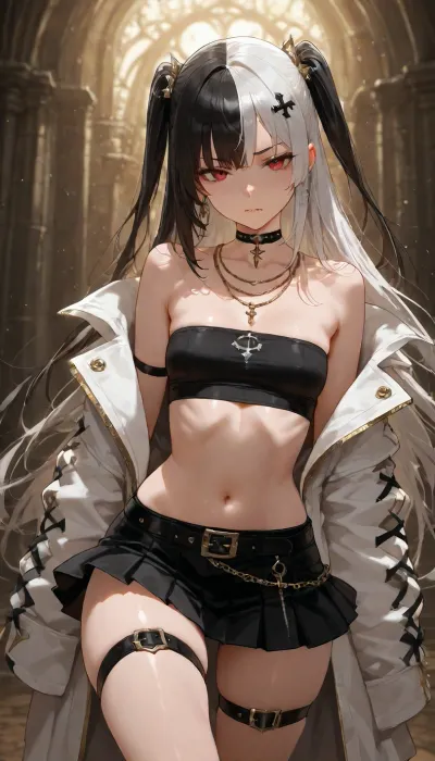 erotic, sexygirl, sexy pose, small tits, skinny body, long legs, masterpiece, best quality, 1girl, solo, split hair, white hair, black hair, long hair, bangs, red eyes, fang, looking at viewer, white jacket, oversized clothes, open jacket, black tube top, strapless, white mini skirt, belts, chains, gothic, choker, layered necklaces, earrings, hair ornament, stars, crosses, thigh strap, dynamic pose, fantasy background, detailed clothing, anime style