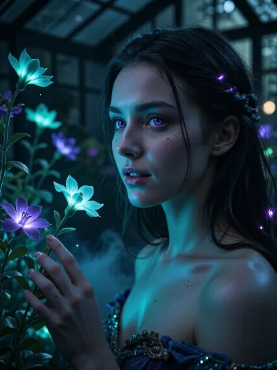 Ultra detailed depiction, extreme close-up composition, sharp focus on her face. A professional cinematic still of a beautiful fantasy woman with pale blue-toned skin, standing inside a dimly lit greenhouse filled with bioluminescent flowers. Her skin is smooth and cool-toned, with a faint natural sheen. Her eyes are a striking deep violet, reflecting the soft glow of the plants around her. Her expression is calm and curious, a gentle smile on her lips as she looks toward one of the glowing flowers near her hand. Her dark hair falls loosely around her shoulders, catching small points of glowing light. Around her, the greenhouse is filled with fantastical flora, glowing flowers in shades of teal, violet, and soft green, casting gentle ambient light through the dim space. Wisps of soft mist drift low along the ground. The overall lighting is dark and moody, lit primarily by the glowing plants themselves, creating dramatic contrast between deep shadow and vivid glowing color. The color palette is dominated by deep blues, teals, and glowing violet accents. Shallow depth of field, soft bokeh background, over-detailed cinematic photography, masterpiece, epic detail, sharp facial details, photorealistic render.