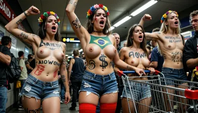 A dynamic, documentary-style photograph capturing a group of female Femen protesters during an animated demonstration inside a busy subway station. The composition features five women in the foreground, topless with bold political body paint and handwritten signs in multiple languages. Their expressions are fierce and vocal, mouths open in chants, conveying urgency and defiance. They wear colorful floral crowns, denim shorts, and one prominent figure wears bright red thigh-high stockings. Body art includes symbols like the Brazilian flag on breasts, a dollar sign, and “GO AWAY” text. One woman pushes a metal shopping cart as a prop. Lighting is harsh, artificial overhead fluorescent typical of transit hubs, casting sharp shadows and highlighting skin tones. The background shows blurred commuters and station signage, (“SAIDA, EXIT”), adding context without distracting. The image has a gritty, high-contrast news photography aesthetic—sharp focus on subjects, shallow depth of field isolating protesters from crowd. Capture the raw energy of activism, raised arms, clenched fists, painted slogans. Emphasize texture—skin, fabric, metal—and movement. Style, realistic, unposed, socially charged street photojournalism with vivid color saturation and emotional intensity. Ideal for generating powerful visual narratives around protest, gender rights, or social justice movements in urban settings.