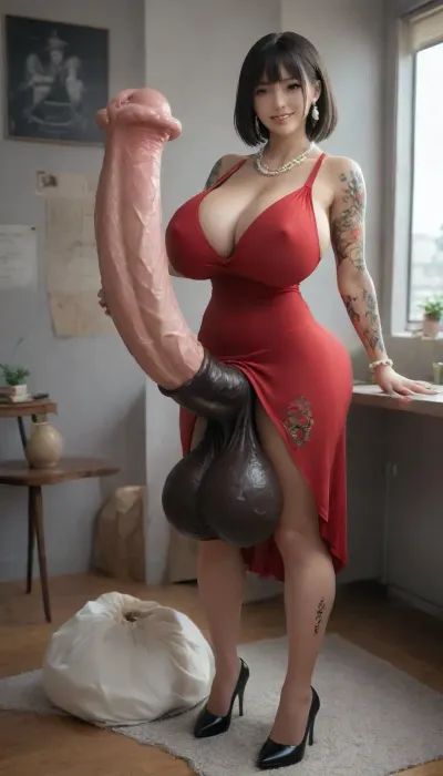 Futanari, massive milky breasts, (massive big cock, big tanned penis to the knees, detailed wet veiny erect penis, very huge monster horse penis, horsepenis_futanari, gigantic veiny heavy balls, massive huge ball sack, very massive veiny scrotum), sexy slender ebony colombian shemale, (very thin, body, long slender legs), sexy teasing pose, playful smile, laughing, big erect cock, oiled body, erection, perfect dark, wet, perfect hair, perfect eyes, brown eyes, black eyes, (celtic tattoo:1.2), (lot of tattoos:1.5), dark eyes, perfect nose, perfect hands, perfect face, perfect detailed white pearl earrings, perfect pearl necklaces, perfect bracelets, perfect accessories, perfect dark skin, perfect body, lot of light, perfect light, red dress, grey room, in the office, 1girl, large, breast, green, eyes, dress, necklace, short, black, hair, bangs, thighhighs, jewelry, <lora:xl_more_art-full_v1:.8>, <lora:add-detail-xl:.8>, <lora:Fubuki1024:.8>