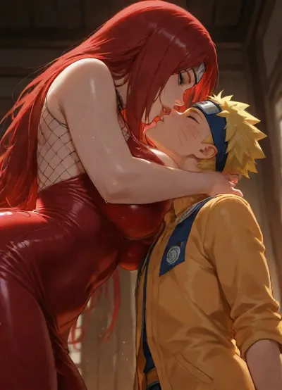 masterpiece, high detailed, (Glossy liner anime style), clear and light frame, (1 woman, Kushina Uzumaki from Naruto, long red hair, her red outfits, fishnet halter, hourglass figure body, 36 years old, eyeshadow, milf, giant woman), (1 boy, Naruto_Uzumaki, yellow hair, his yellow coat, headband with Konoha emblem, short and small boy), (mother and son, taboo relationship), woman holding back of boy's head, (height difference, giant woman and small boy), side view, below view, deep field shot, backlight, hetero, woman bend forward to kissing the boy, waist, bend over, mouth to mouth, wet kiss