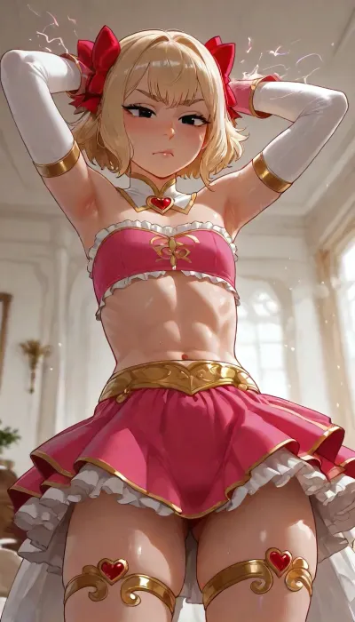 BNHA, (MHA), Hero Prodigy gets a Femboy System. Nao Ichijo, Feminine face, Feminine shoulders, flat chest, Petite arms, Slender legs, Round ass, fit body, athletic body, abs, His short blonde hair, so pale it shimmered near silver, and his face both sharp and delicate. Black eyes gleamed beneath furrowed brows. His slender frame—petite, with just a hint of muscle—strained, clinging to his sweat-damp skin, cinematic close-up, The character is wearing a pink-and-white magical-femboy-inspired costume. The outfit includes, A strapless pink bandeau-style top with white ruffled trim and a thin gold band around the lower edge, Midriff exposed, A white high collar decorated with a large red-pink bow and a small gold-and-red heart-shaped ornament at the center.
White detached sleeves/gloves extending from the upper arms to the hands, with pink cuffs and ruffled detailing.
A short, flared pink skirt with layered white ruffles underneath, accented by gold trim and pale cream panels around the waist.
The skirt has a decorative gold-and-cream waistband that forms pointed accents over the hips, with visible penis bulge. Overall, the costume uses pink, white, cream, gold, and red accents, with abundant ruffles and bows for a cute fantasy/magical-girl aesthetic. Then his entire body, from head to toe, radiates vivid electric energy glowing blue and violet lightning pulses across his skin, crackling in sharp jolts around his arms, chest, legs, and face. His eyes glow white with mystical power, hair lifting slightly from the static energy. The atmosphere feels magical and otherworldly, with sparks dancing through the air, glowing runes faintly visible beneath their feet, and waves of electricity illuminating the surrounding bedroom. ac_neg1, incase style, (Cartoony), incase, style, <lora:SDXL_oral_v1-000009:1>, <lora:bimboxl_02:.5>, <lora:Incase_Style__SDXL:.4>, <lora:MJ52:.8>