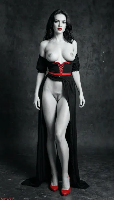 (Black and white photo with only red selective color:2), sexy slender woman revealing her tits and pussy in a black dress, pubic hair, perky tits, large areolae, red lips, long wavy black hair, red shoes, Black & White, bokeh background, <lora:Black&White-XL:1.8>